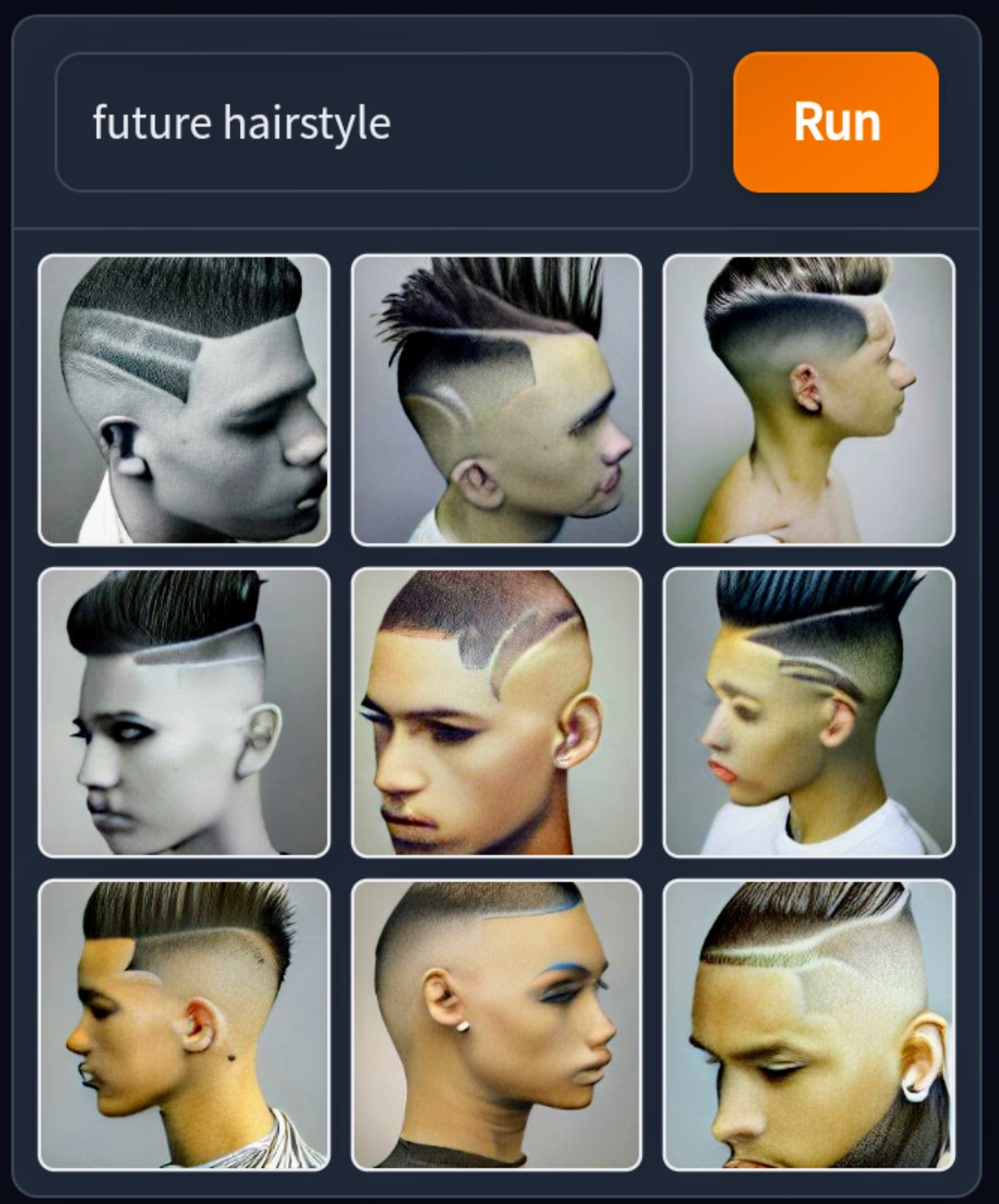 This meme is a collection of images of people with futuristic hairstyles, with some having elaborate and outlandish designs. The text at the top of the image reads "future hairstyle" and the "Run" button is highlighted, implying that the user is trying to find a specific hairstyle that is not yet available. The images are likely generated by a neural network or AI, and the "Run" button is a reference to the "Run" command in a neural network, suggesting that the user is trying to generate a new and innovative hairstyle.